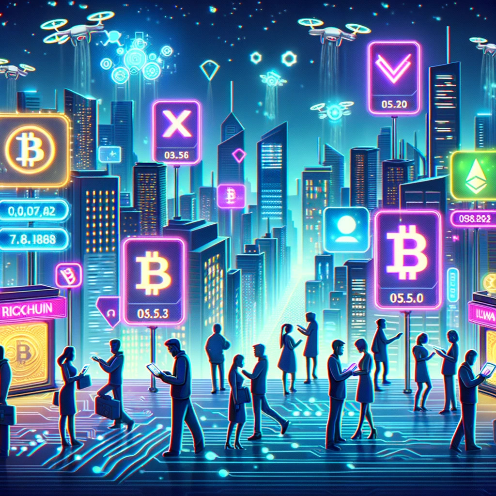 Illustration of a futuristic city skyline at night. Bright neon signs display cryptocurrency logos and exchange rates. Diverse individuals are engaged in trading activities, using holographic devices to make transactions, while floating drones capture the bustling atmosphere.