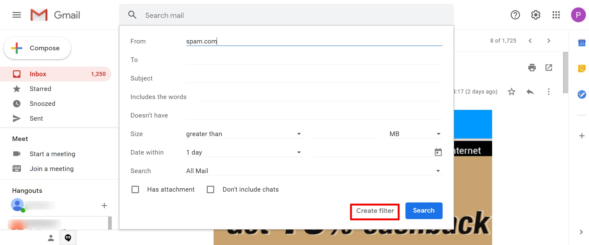 how to block email on gmail: tap "create filter"