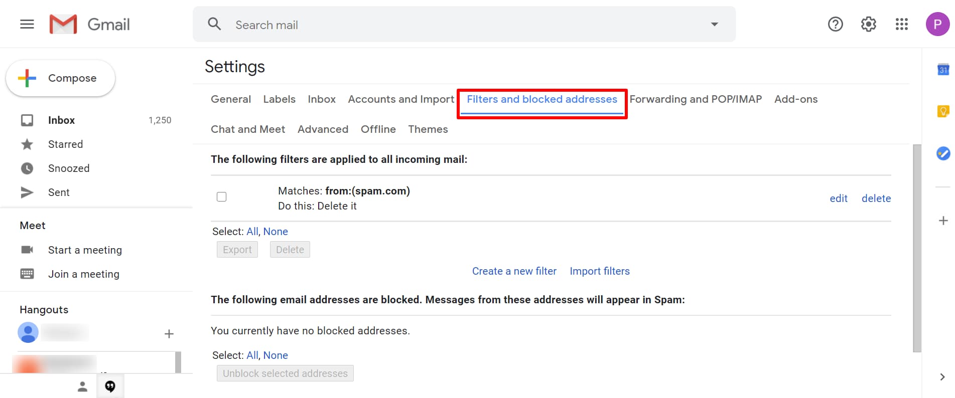 how to block email on gmail: select filters and blocked addresses 
