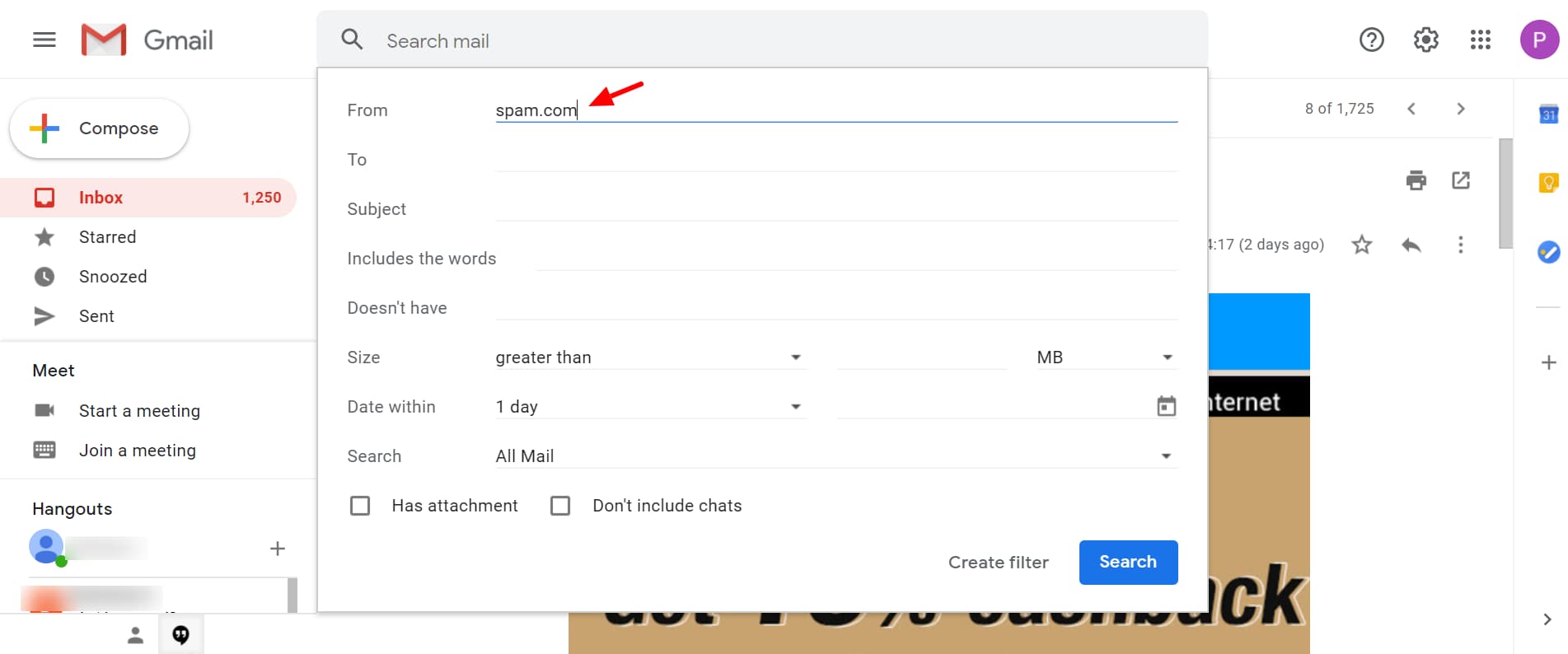 how to block email on gmail: type the domain name