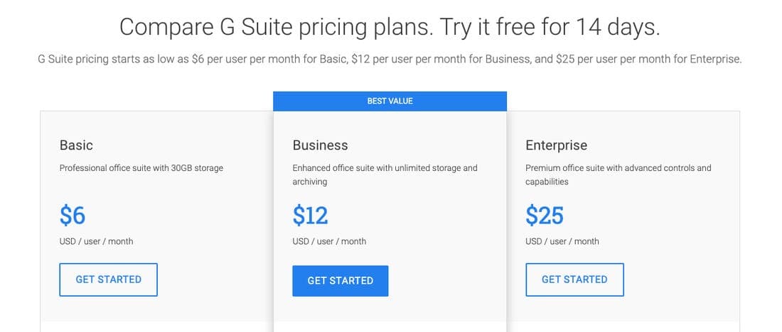 G Suite pricing plan