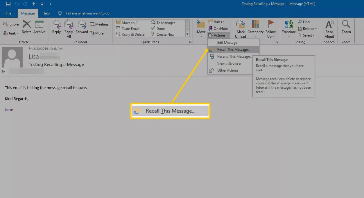 how to recall a message in outlook 365 online