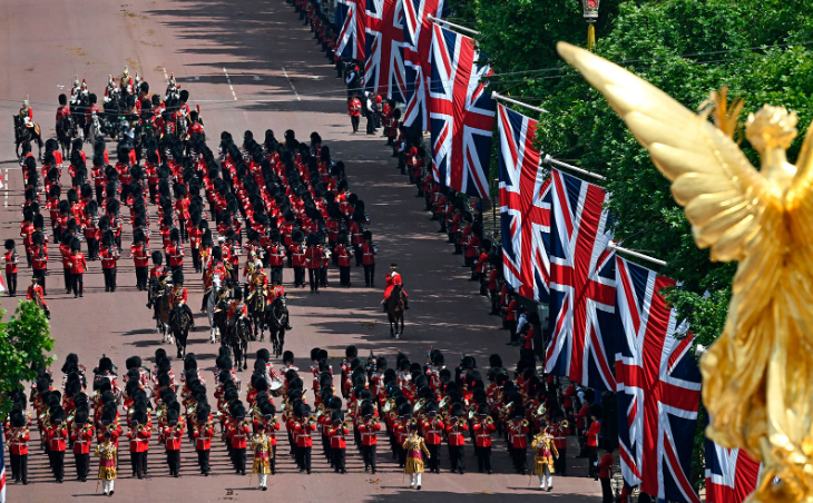 Members of the Household Division Foot Guards' bands march back along The Mall towards Buckingham Palace in London on June 2. (Paul Ellis/Pool/AP)
