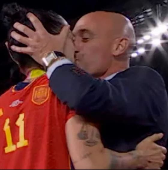 Spanish football federation president Luis Rubiales force kissing Spanish World Cup-winner and star striker Jenni Hermoso