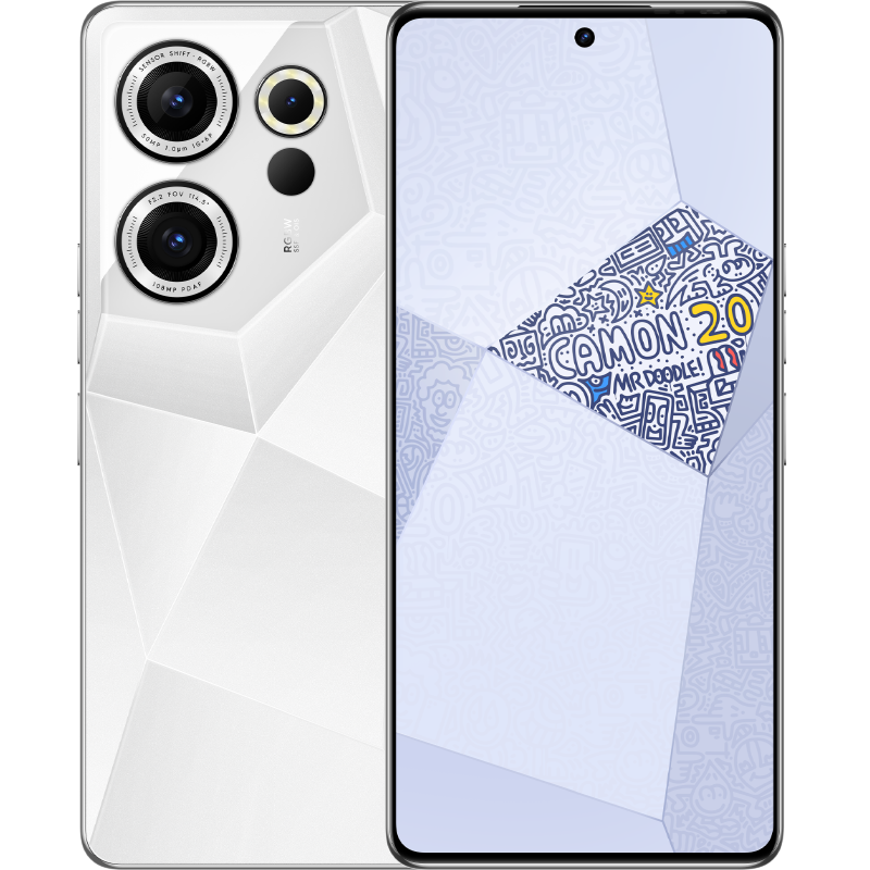 A vibrant image of the CAMON 20 Doodle Edition in Mr. Doodle Edition (Day) variant, showcasing the unique and artistic Mr. Doodle artwork on the back cover, reflecting a playful and creative design, with the phone's sleek frame and camera setup visible.