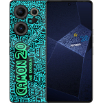 A captivating image of the CAMON 20 Doodle Edition in Mr. Doodle Edition (Night) variant, highlighting the glow-in-the-dark artwork by Mr. Doodle on the back, creating a luminous and imaginative design, complemented by the phone's sophisticated frame and camera array.