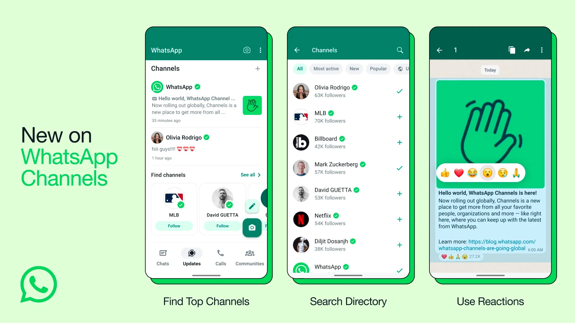 Collage showcasing multiple screens of WhatsApp Channels feature, illustrating the various functionalities including the enhanced directory, emoji reactions, and forward options introduced by Meta for a private and customizable broadcasting experience.