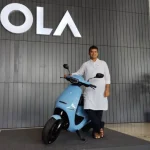 Ola Electric bike parked, showcasing its sleek design and branding, symbolizing India's push towards sustainable transportation.