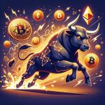 illustration of a digital bull-charging forward with cryptocurrency symbols like Bitcoin Ethereum and Ripple floating around leaving a trail of spa