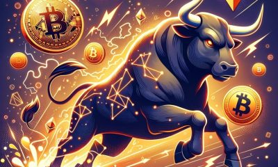 illustration of a digital bull-charging forward with cryptocurrency symbols like Bitcoin Ethereum and Ripple floating around leaving a trail of spa